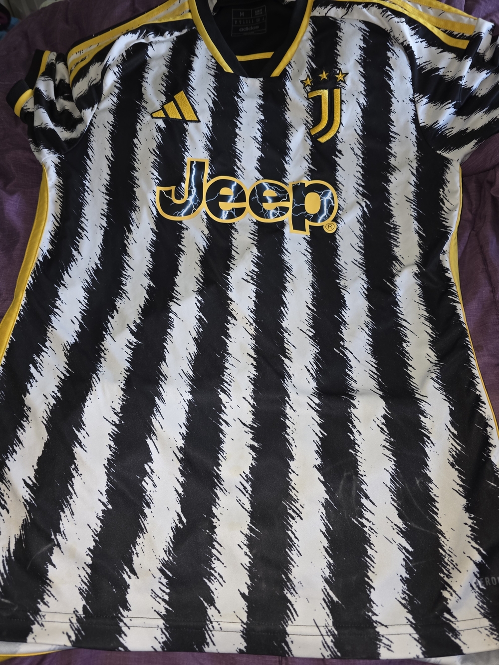 Juventus Unisex Black & White Stripe Soccer Jersey with Yellow Trim